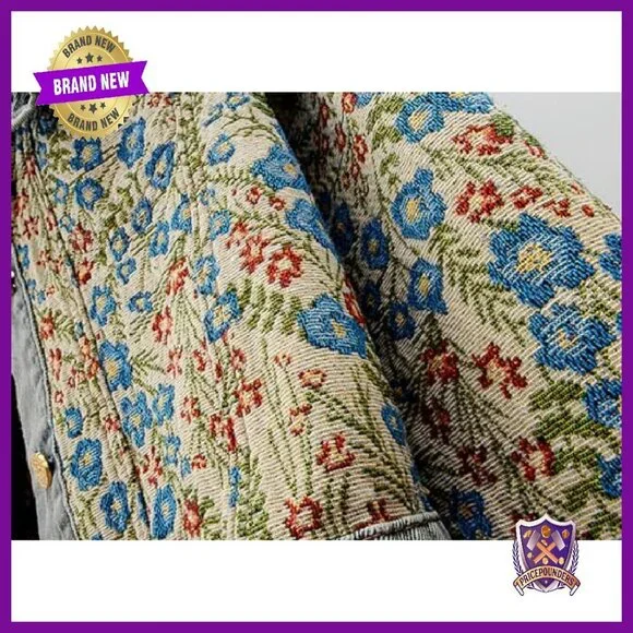 Long Sleeve Jacquard Denim Jacket Peter Pan Collar Button Front - Picture 6 of 7